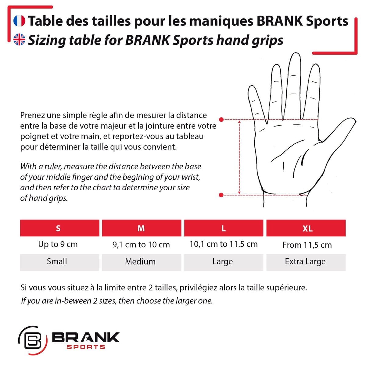 Guide taille pour maniques BRANK Sports